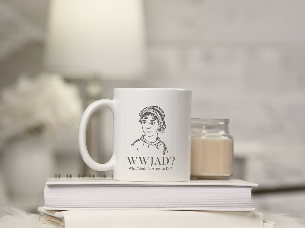 Funny Jane Austen mug with WWJAD portrait art
