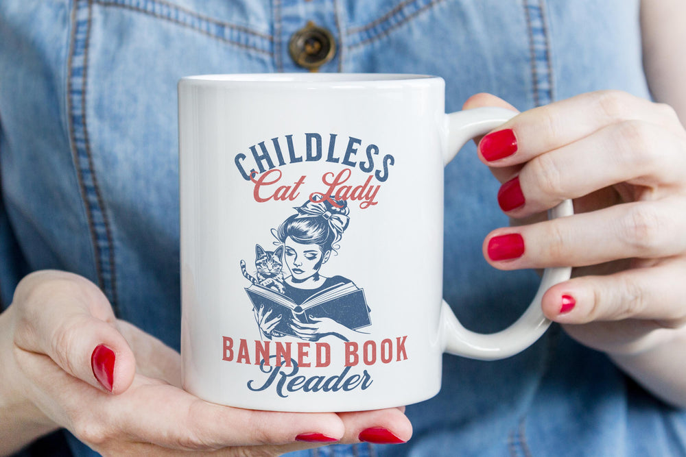 Childless cat lady banned book reader mug with retro reading woman and cat art