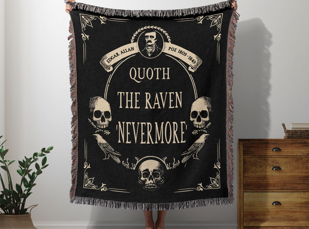 Edgar Allan Poe woven tapestry blanket with Quoth the Raven Nevermore, skulls, and ravens