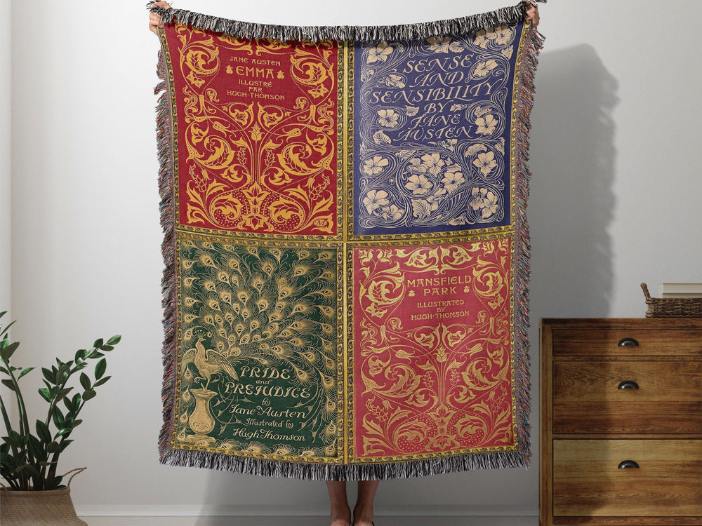 Jane Austen woven throw blanket showing four vintage covers including Emma, Sense and Sensibility, Pride and Prejudice, and Mansfield Park
