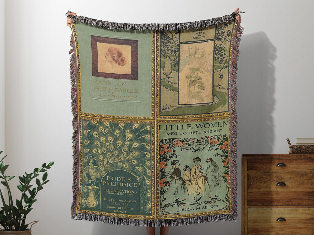 Literary classics woven throw blanket with vintage covers of Jane Eyre, Little Women, Pride and Prejudice, and Anne of Green Gables