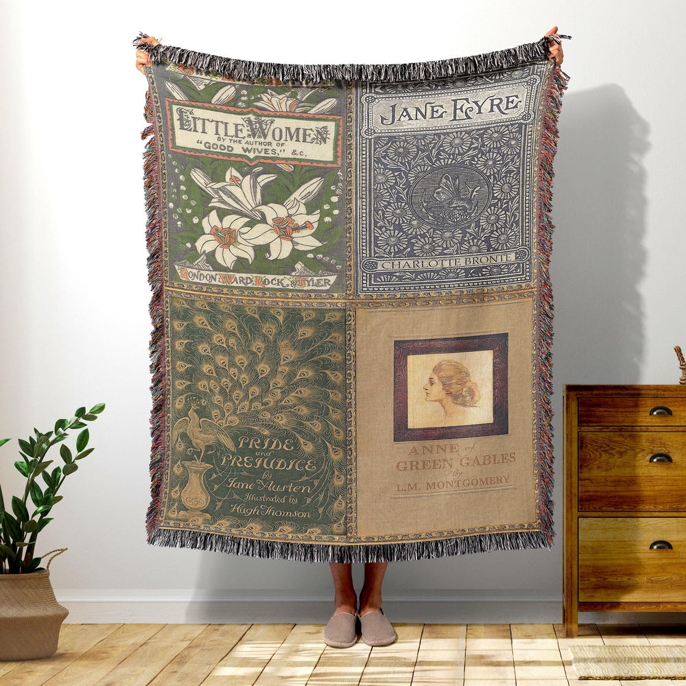 Vintage book covers woven throw blanket showing Little Women, Jane Eyre, Pride and Prejudice, and Anne of Green Gables covers