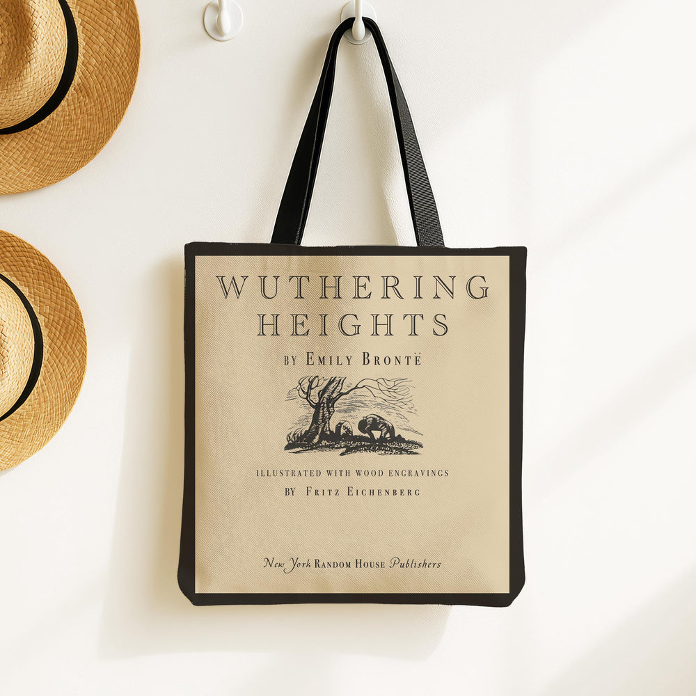 Wuthering Heights tote bag with the vintage title page and wood engraving of the moors by Fritz Eichenberg