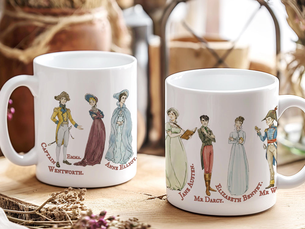 Jane Austen comfort characters mug with seven labeled figures wrapping the cup