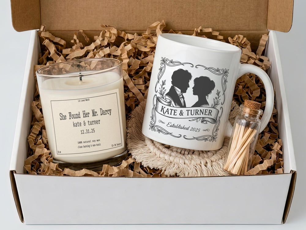 Personalized Jane Austen Wedding Gift Set, Darcy Candle