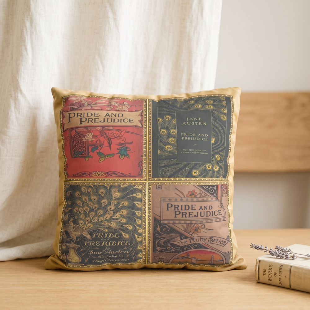 Faux suede pillow cover showing four vintage Pride and Prejudice book cover designs