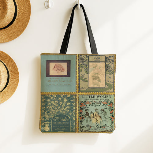 Cottagecore tote bag with vintage book covers of Pride and Prejudice, Anne of Green Gables, Little Women, and Jane Eyre