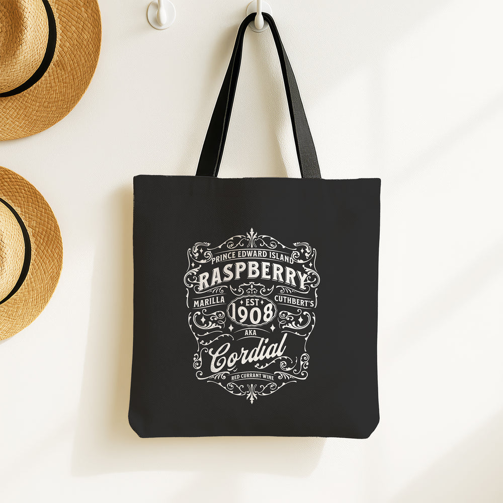 Anne of Green Gables black tote bag with the vintage Raspberry Cordial label design
