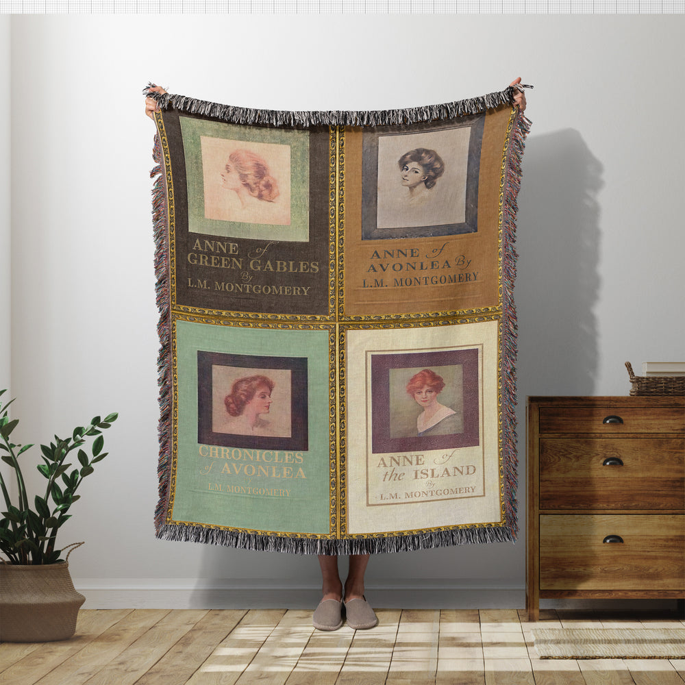 Anne of Green Gables woven throw blanket showing four vintage L.M. Montgomery covers