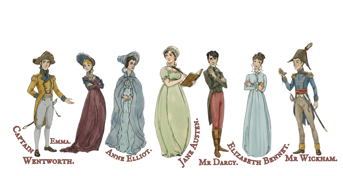 Captain Wentworth, Emma, Anne Elliot, Jane Austen, Mr Darcy, Elizabeth Bennet and Mr Wickham in watercolour