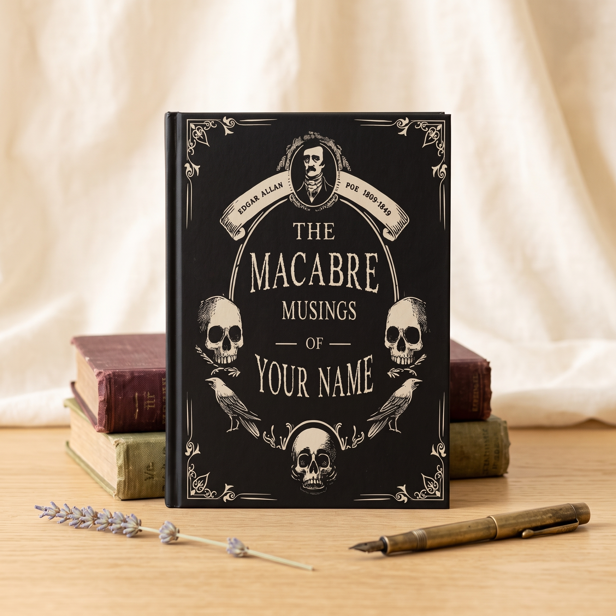 Personalized Edgar Allan Poe gothic hardcover notebook with a black cover, skulls and ravens and a custom name, a journal gift for writers