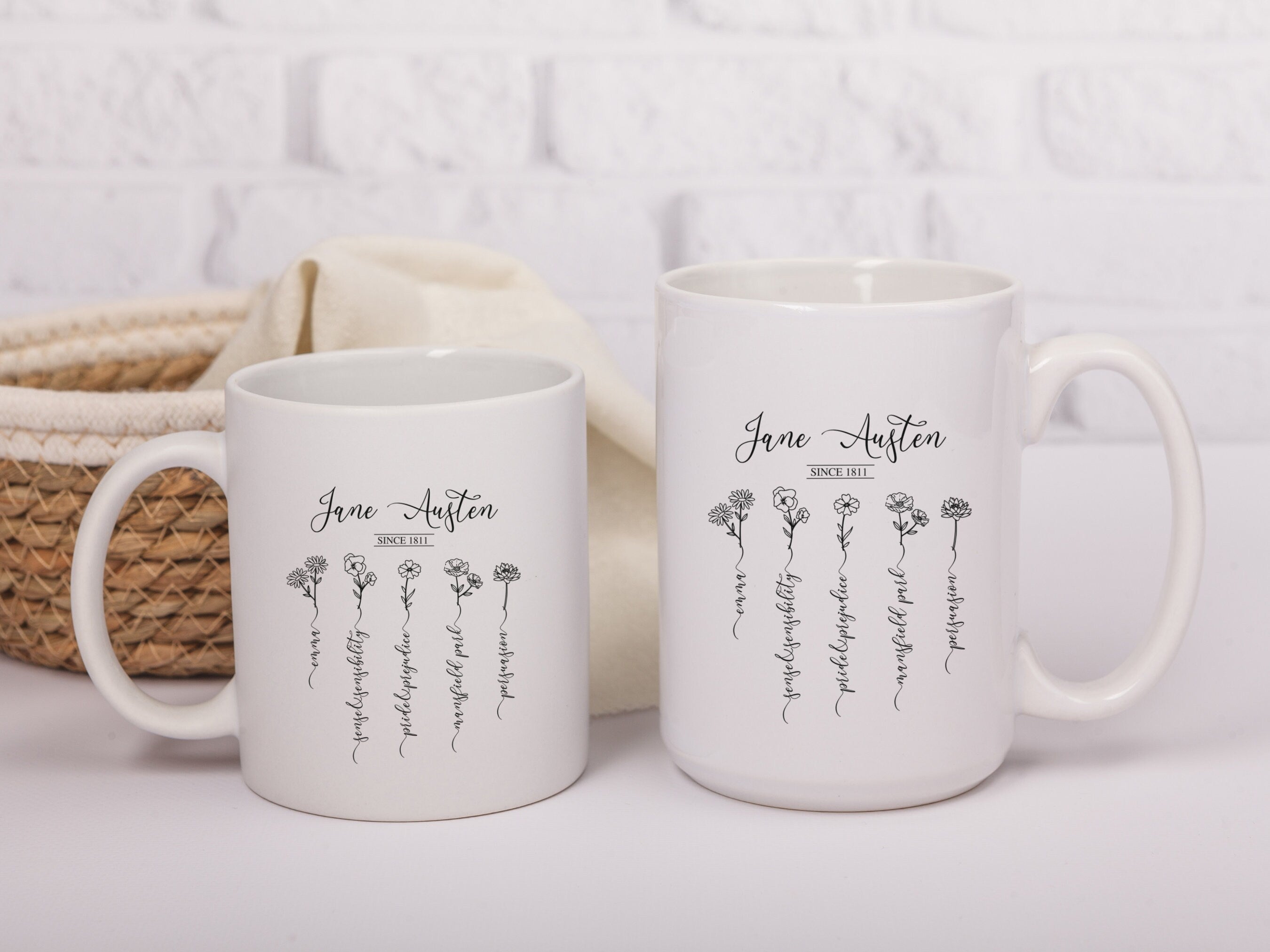 Jane Austen Pride and Prejudice Mug With Wildflowers 11 oz. & 15 oz., Emma Sense Sensibility Bookish Mug, Library Mug, Romance Reader Gift