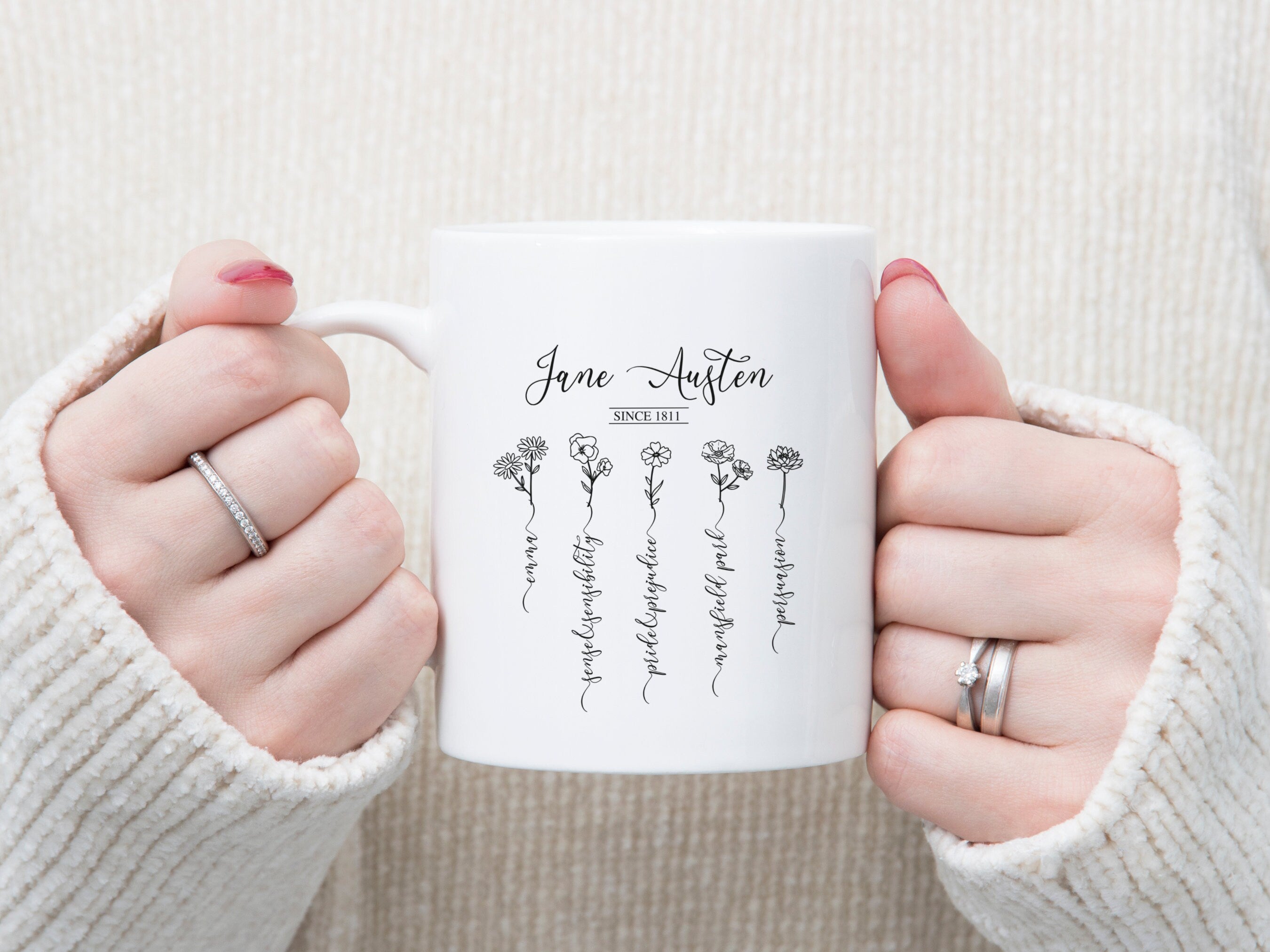 Jane Austen Pride and Prejudice Mug With Wildflowers 11 oz. & 15 oz., Emma Sense Sensibility Bookish Mug, Library Mug, Romance Reader Gift