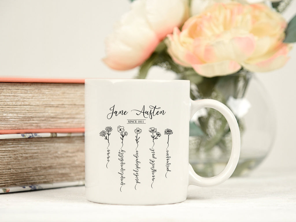 Jane Austen Pride and Prejudice Mug With Wildflowers 11 oz. & 15 oz., Emma Sense Sensibility Bookish Mug, Library Mug, Romance Reader Gift