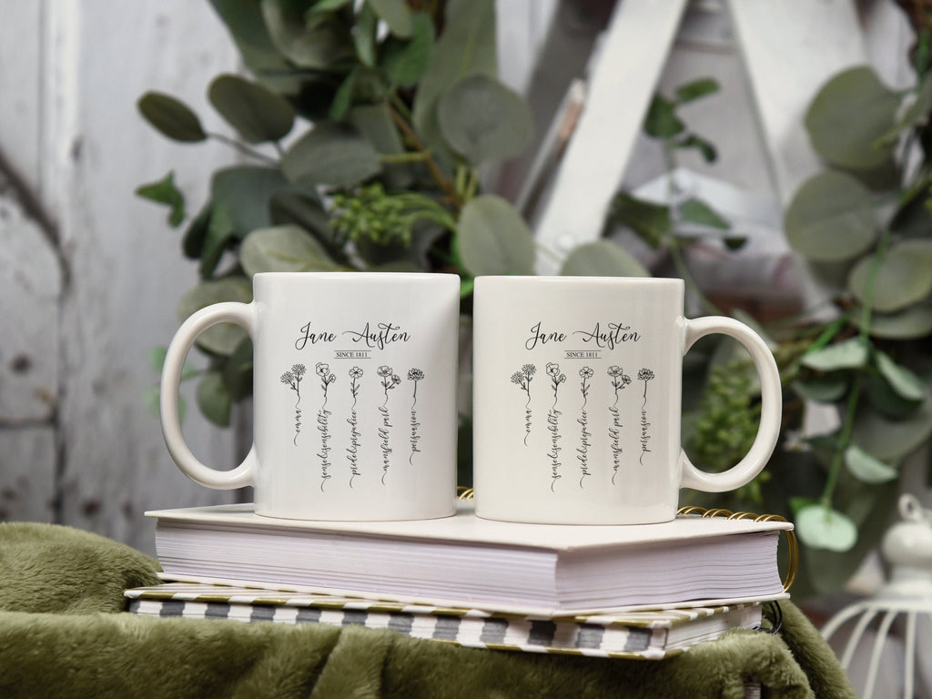 Jane Austen Pride and Prejudice Mug With Wildflowers 11 oz. & 15 oz., Emma Sense Sensibility Bookish Mug, Library Mug, Romance Reader Gift