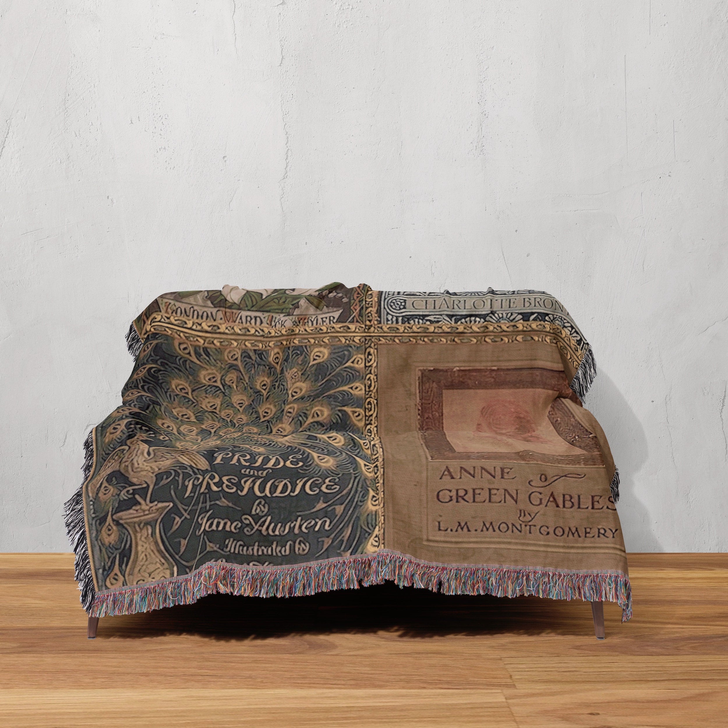 Vintage Book Covers Throw Blanket Tapestry, Jane Austen Woven Wall Hanging Decor Sofa Bed Cover, Anne of Green Gables Throw Blanket Gift