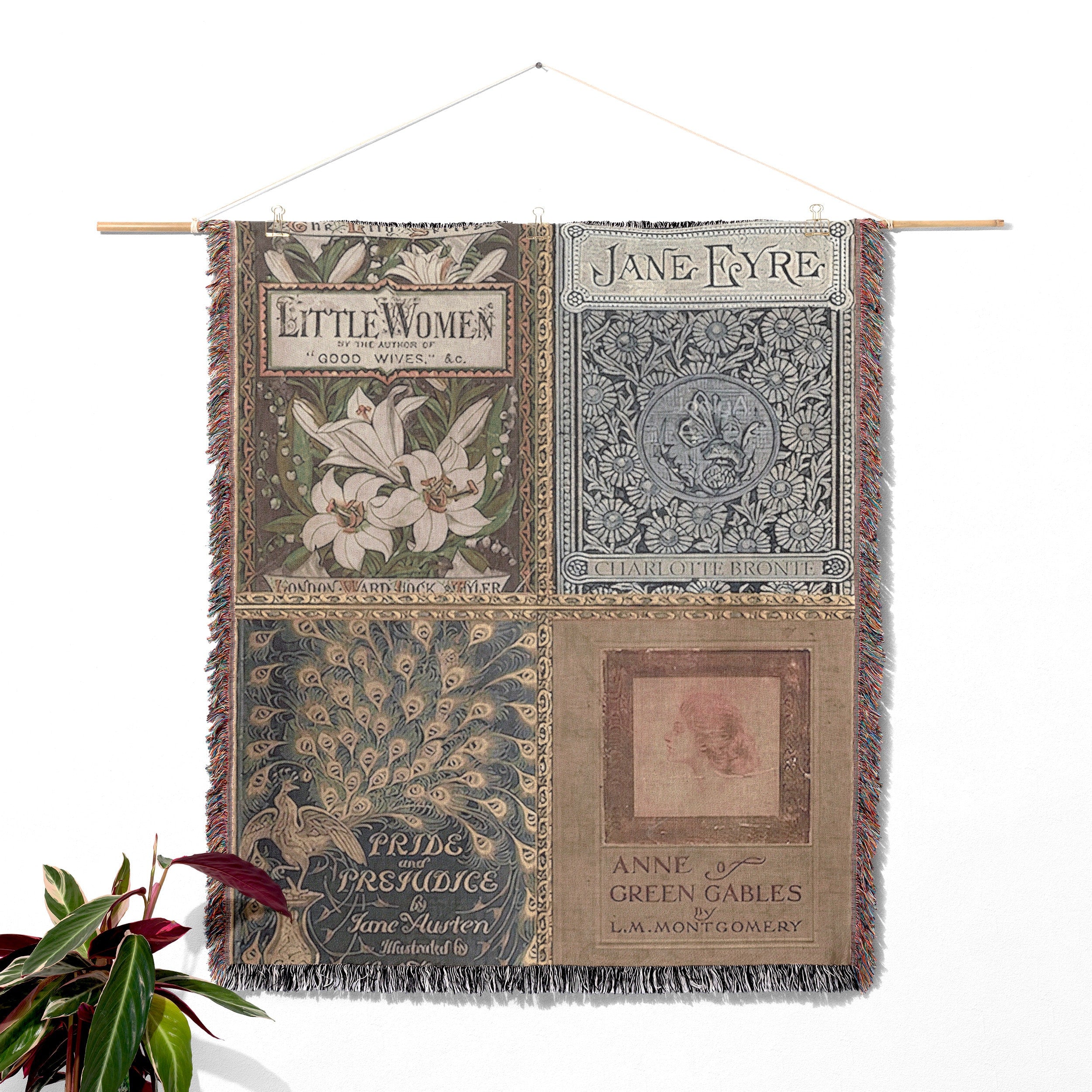 Vintage Book Covers Throw Blanket Tapestry, Jane Austen Woven Wall Hanging Decor Sofa Bed Cover, Anne of Green Gables Throw Blanket Gift