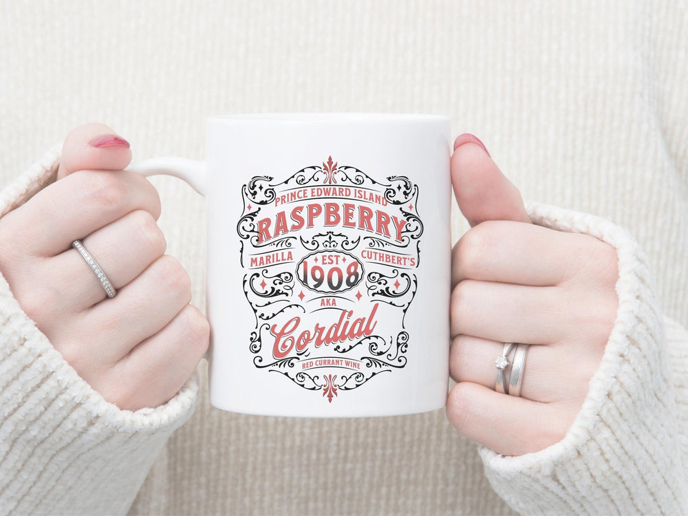Anne of Green Gables mug with vintage raspberry cordial label art
