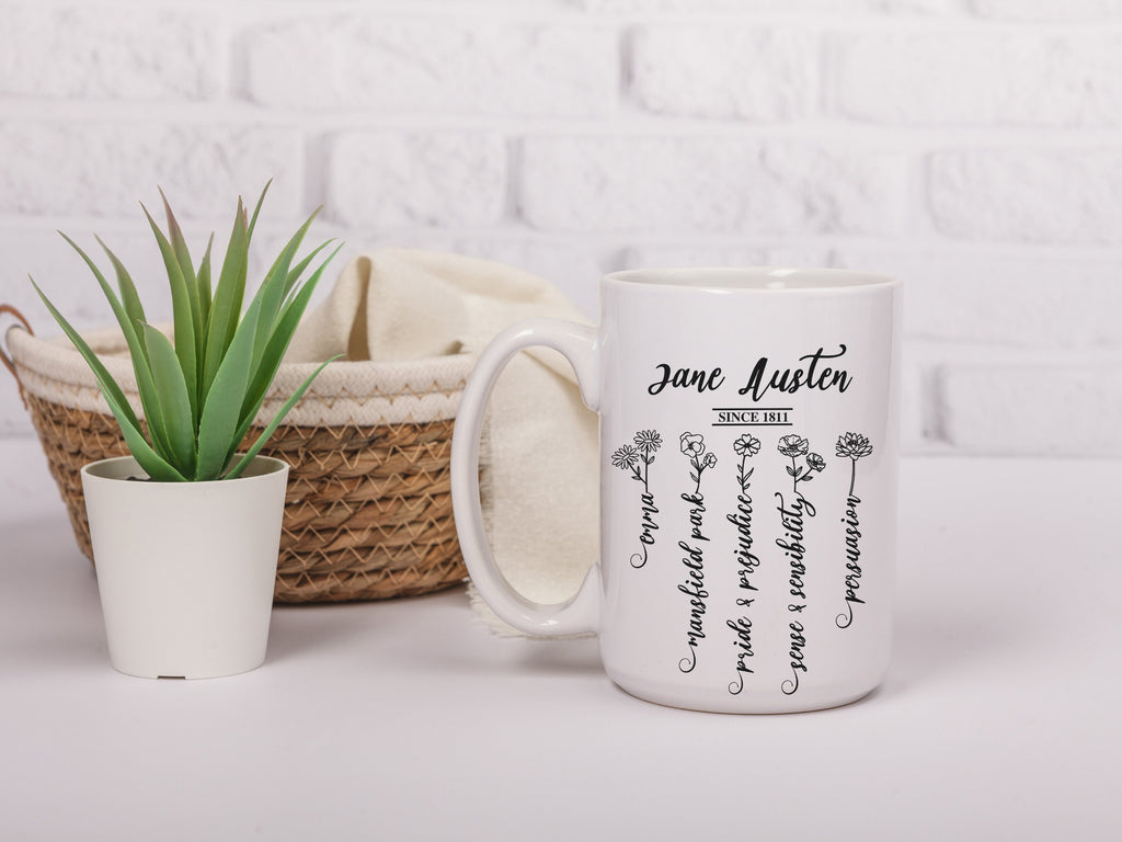 Jane Austen Pride and Prejudice Mug With Wildflowers 11 oz. & 15 oz., Emma Sense Sensibility Bookish Mug, Library Mug, Romance Reader Gift