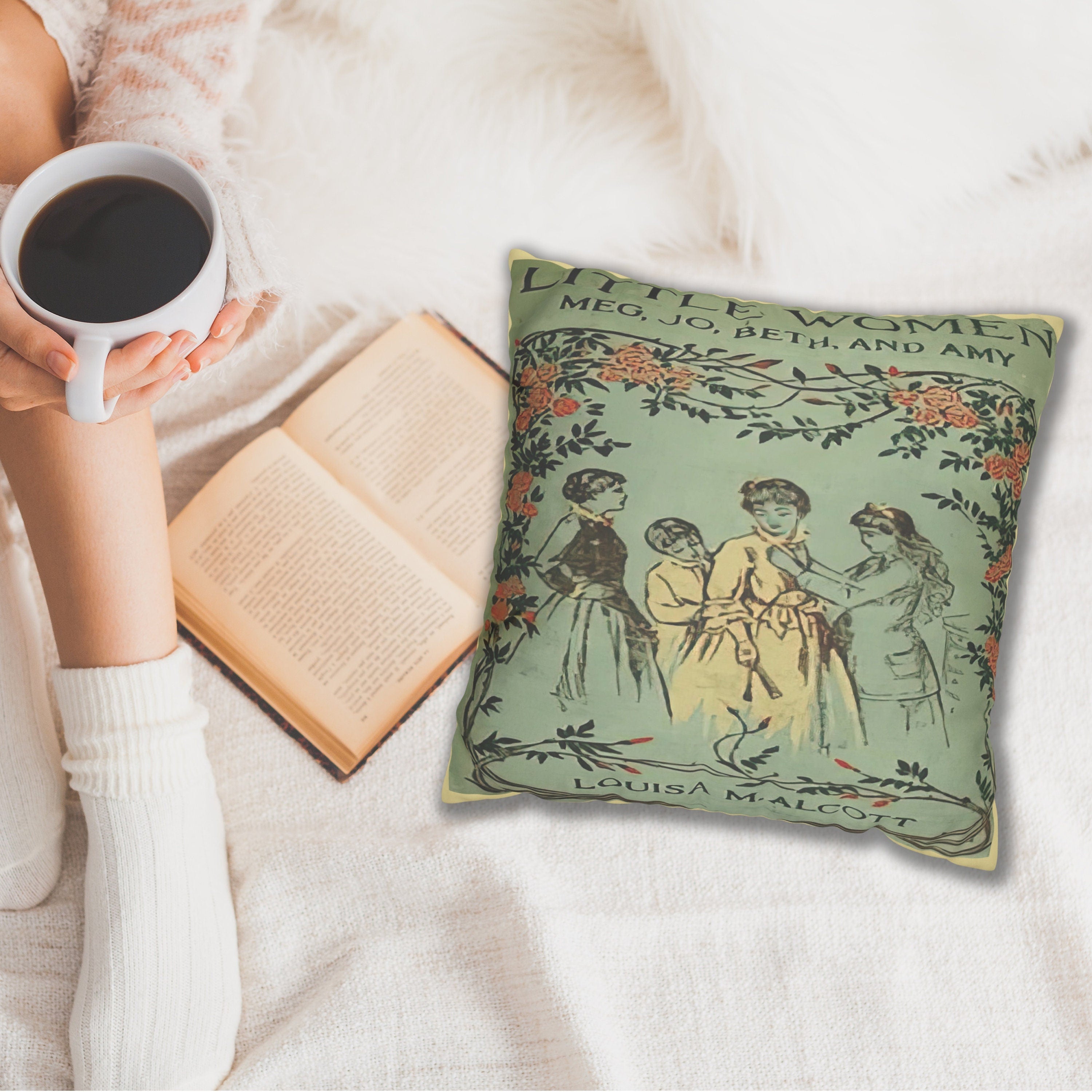 Little Women Decor Pillowcase, Literary Bookworm Reading Gift, Louisa May Alcott Vintage Book Covers Pillow Case,