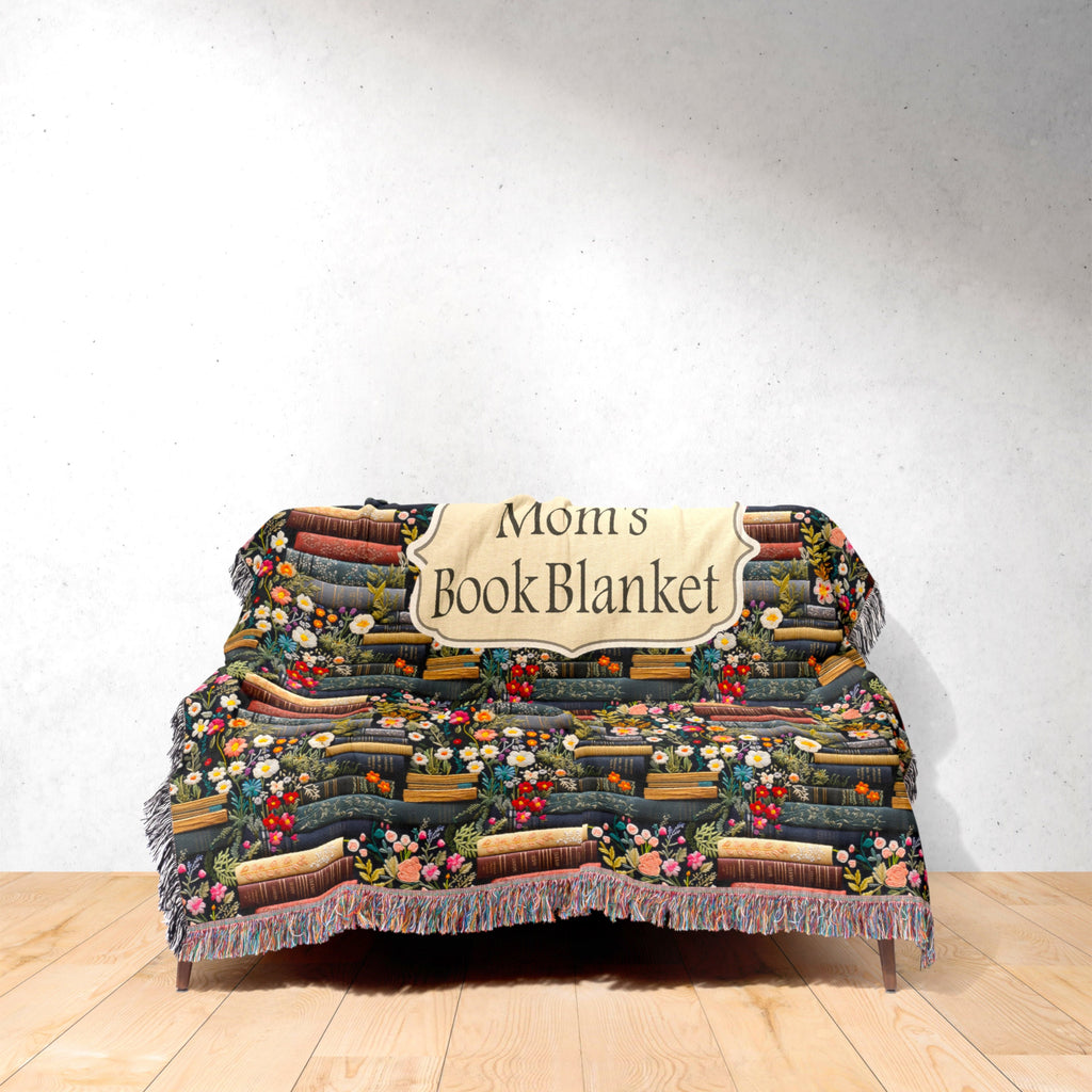 Personalized Book Blanket for Mom, Custom Mother's Day Book Lover Blanket, Books Wildflowers Woven Blanket Throw, Gift for Reading Lover