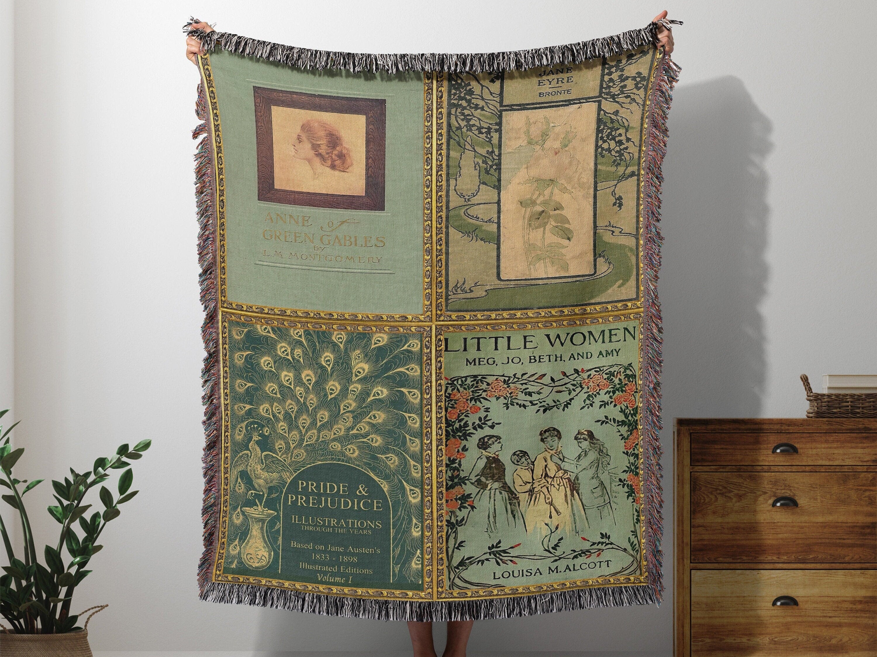 Book Covers Blanket, Woven Little Women Book Throw Blanket, Anne of Green Gables Cottagecore Book Blanket, Jane Austen Reading Blanket