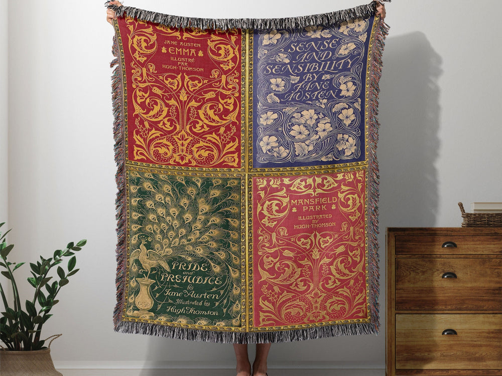 Jane Austen woven throw blanket showing four vintage novel covers including Pride and Prejudice and Emma