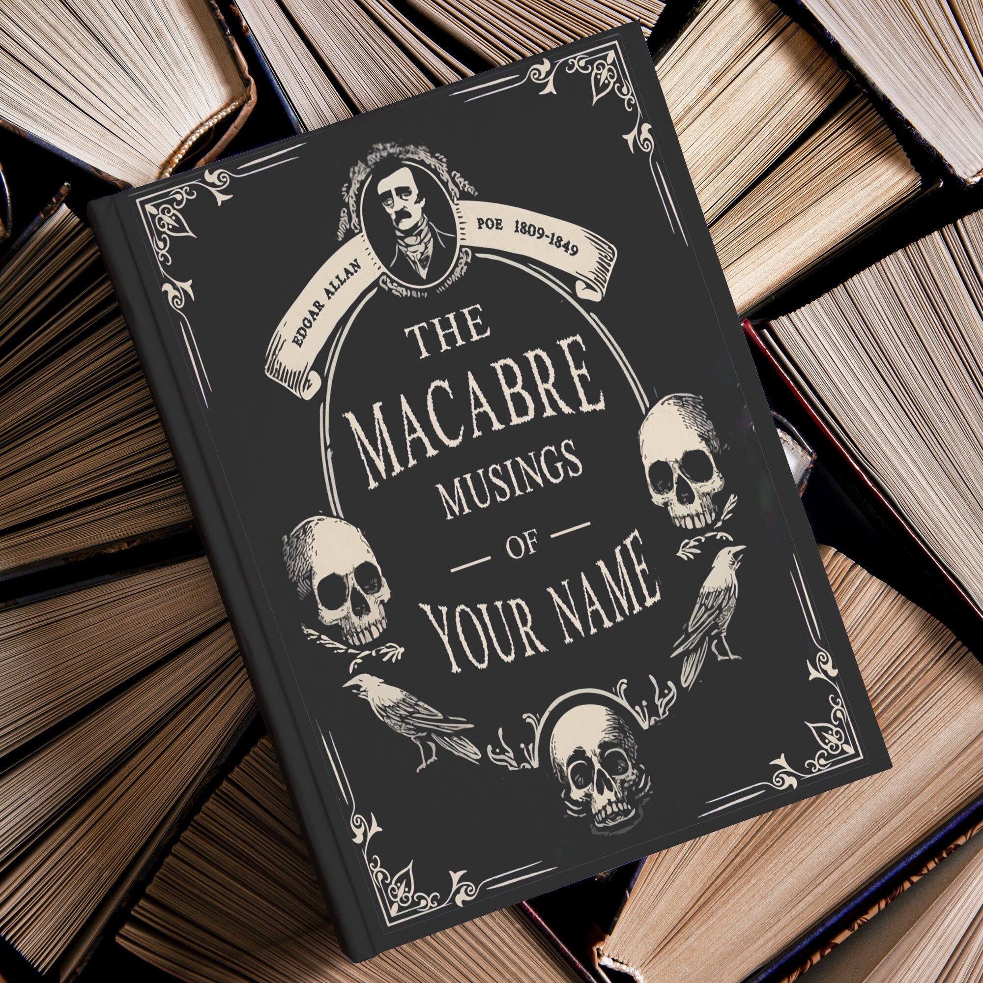 Personalized Hardcover Notebook Size A5  5.75"x8" Edgar Allan Poe Macabre Gothic Vintage Style, Custom Name Poetry Journal Gift for Writer
