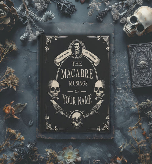 Personalized Hardcover Notebook Size A5  5.75"x8" Edgar Allan Poe Macabre Gothic Vintage Style, Custom Name Poetry Journal Gift for Writer