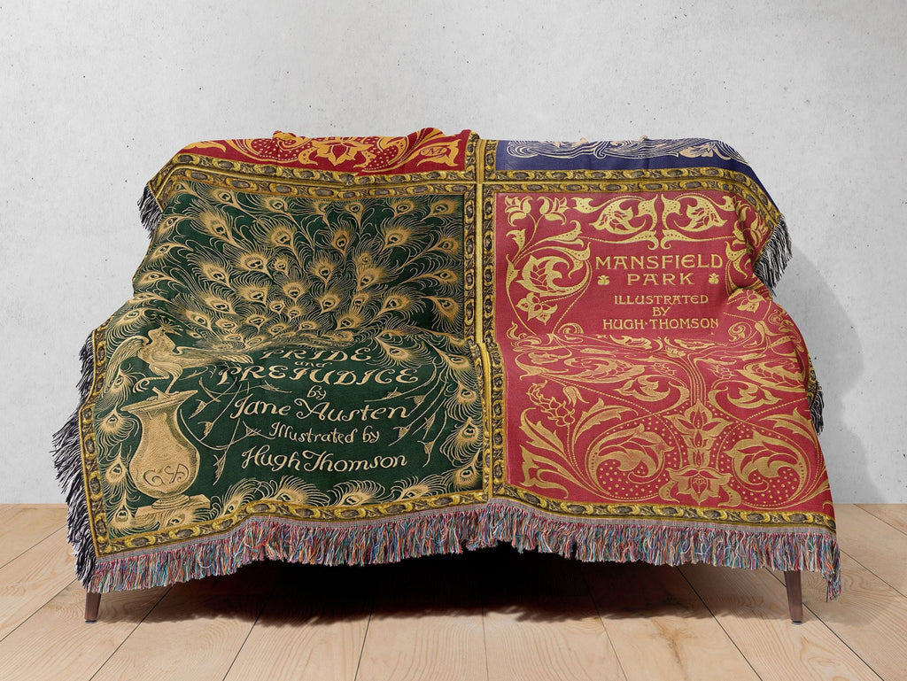 Vintage Book Covers Blanket, Woven Jane Austen Book Throw Blanket, Pride & Prejudice Emma Mansfield Vintage Book Blanket, Reading Blanket