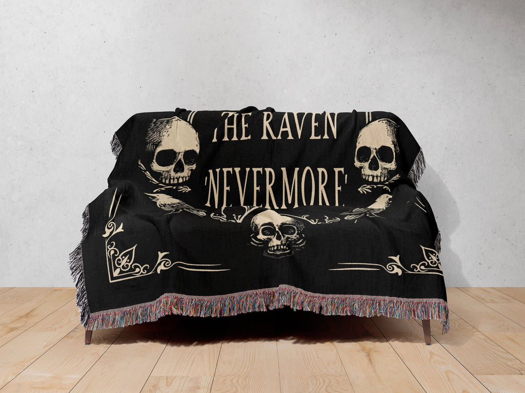 Edgar Allan Poe Raven Tapestry, Woven Blanket Gift for Bibliophile Book Lover, Gothic Dark Academia Wall Hanging, Crow Blanket Throw