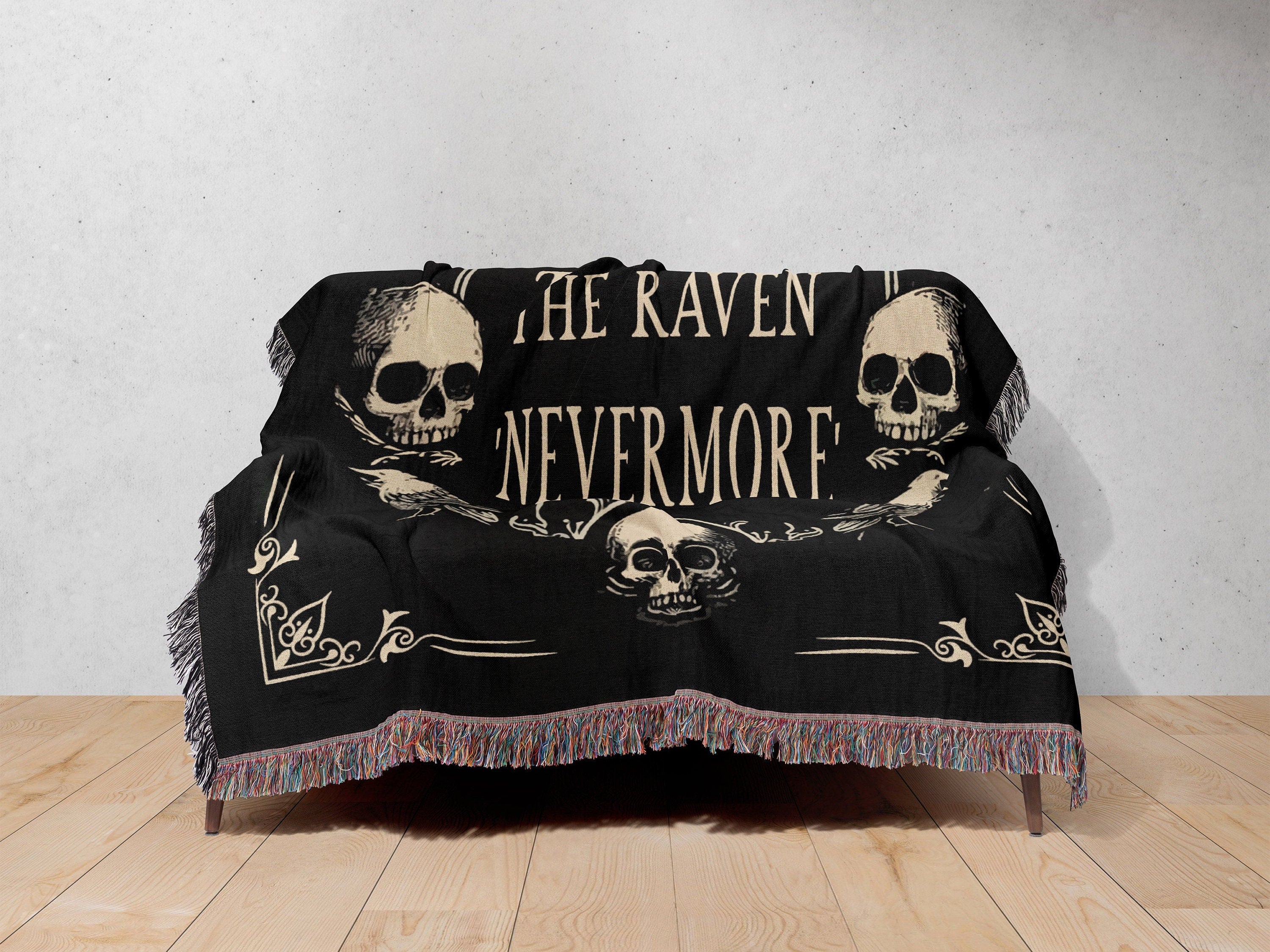 Edgar Allan Poe Raven Tapestry, Woven Blanket Gift for Bibliophile Book Lover, Gothic Dark Academia Wall Hanging, Crow Blanket Throw