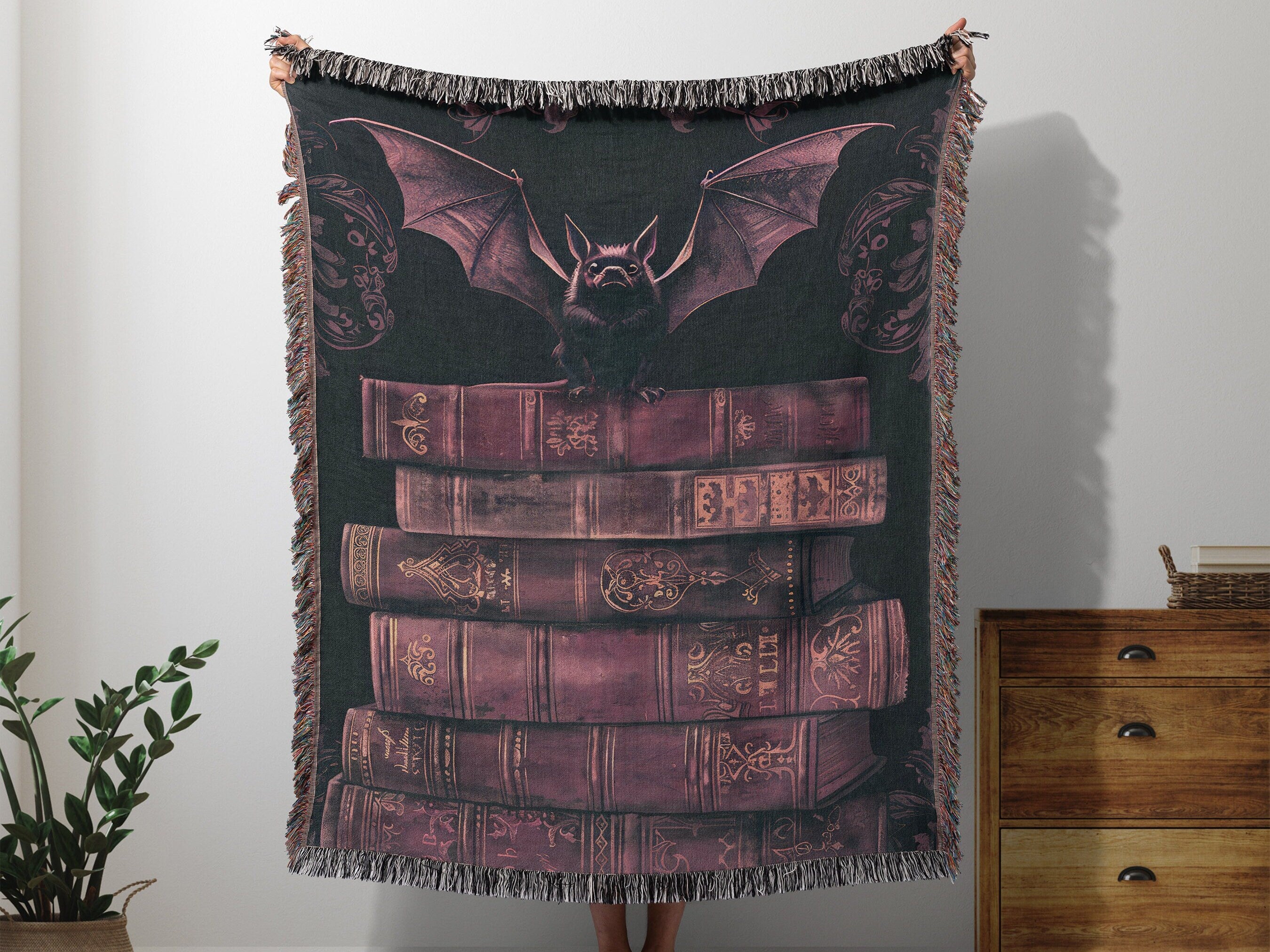 Pastel Bat Tapestry Woven Blanket, Gifts for Goths, Pink Mauve Gothic Dark Academia Wall Hanging, Dark Cottagecore Mystic Books Bat Blanket