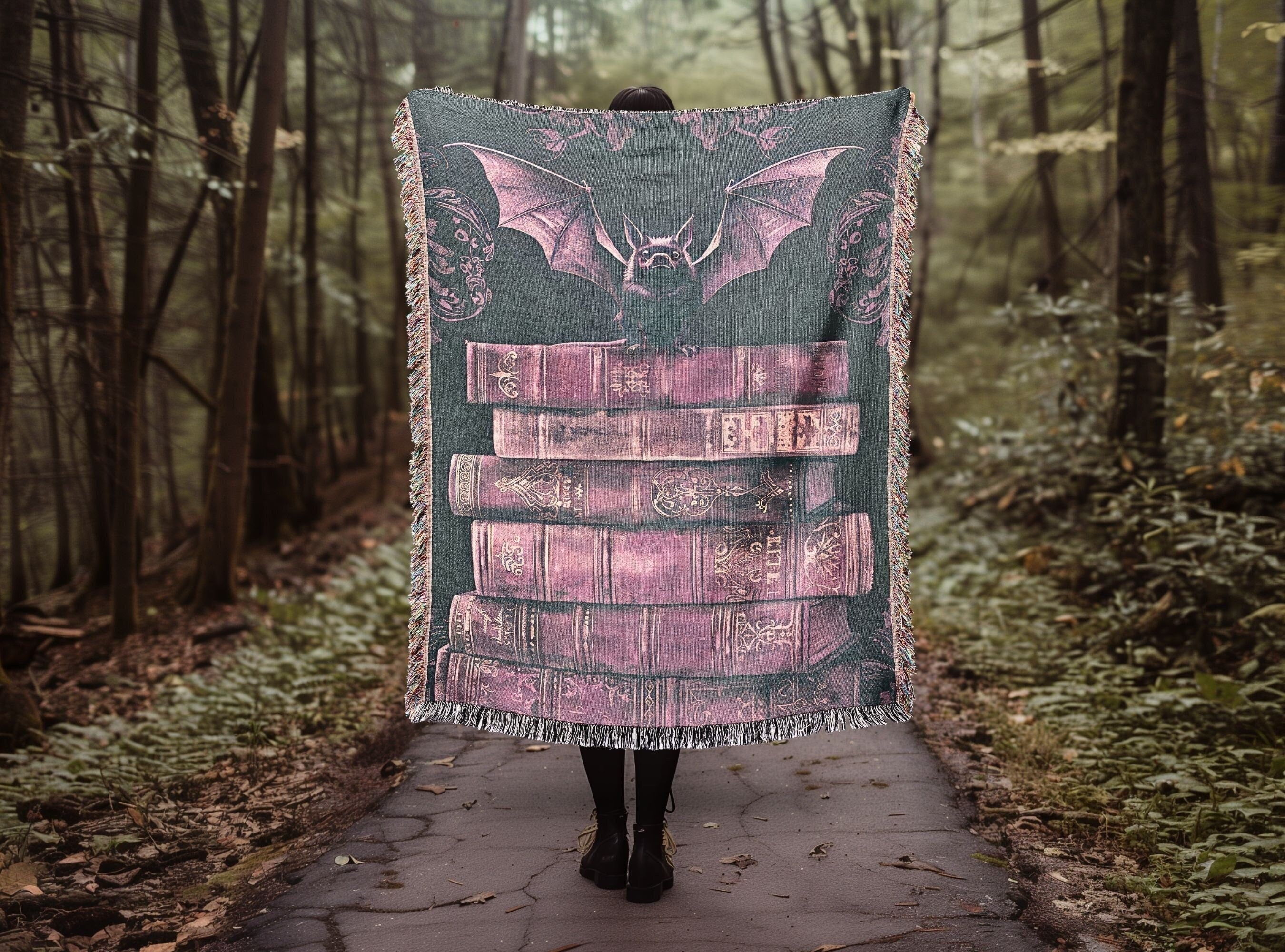 Pastel Bat Tapestry Woven Blanket, Gifts for Goths, Pink Mauve Gothic Dark Academia Wall Hanging, Dark Cottagecore Mystic Books Bat Blanket