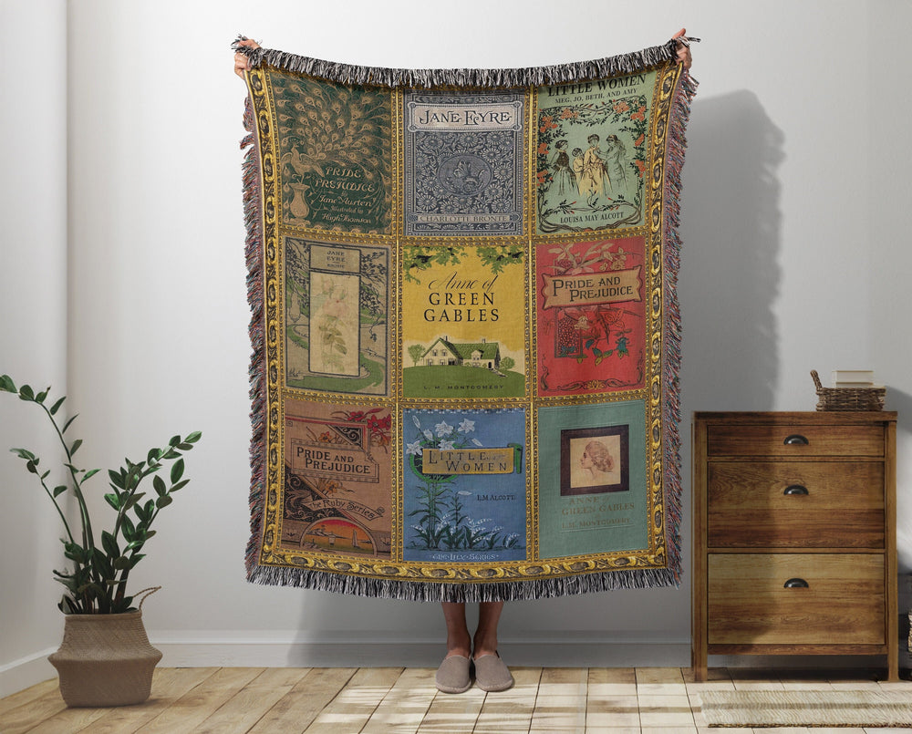 Vintage book covers woven throw blanket with nine classic covers including Pride and Prejudice, Jane Eyre, Little Women, and Anne of Green Gables