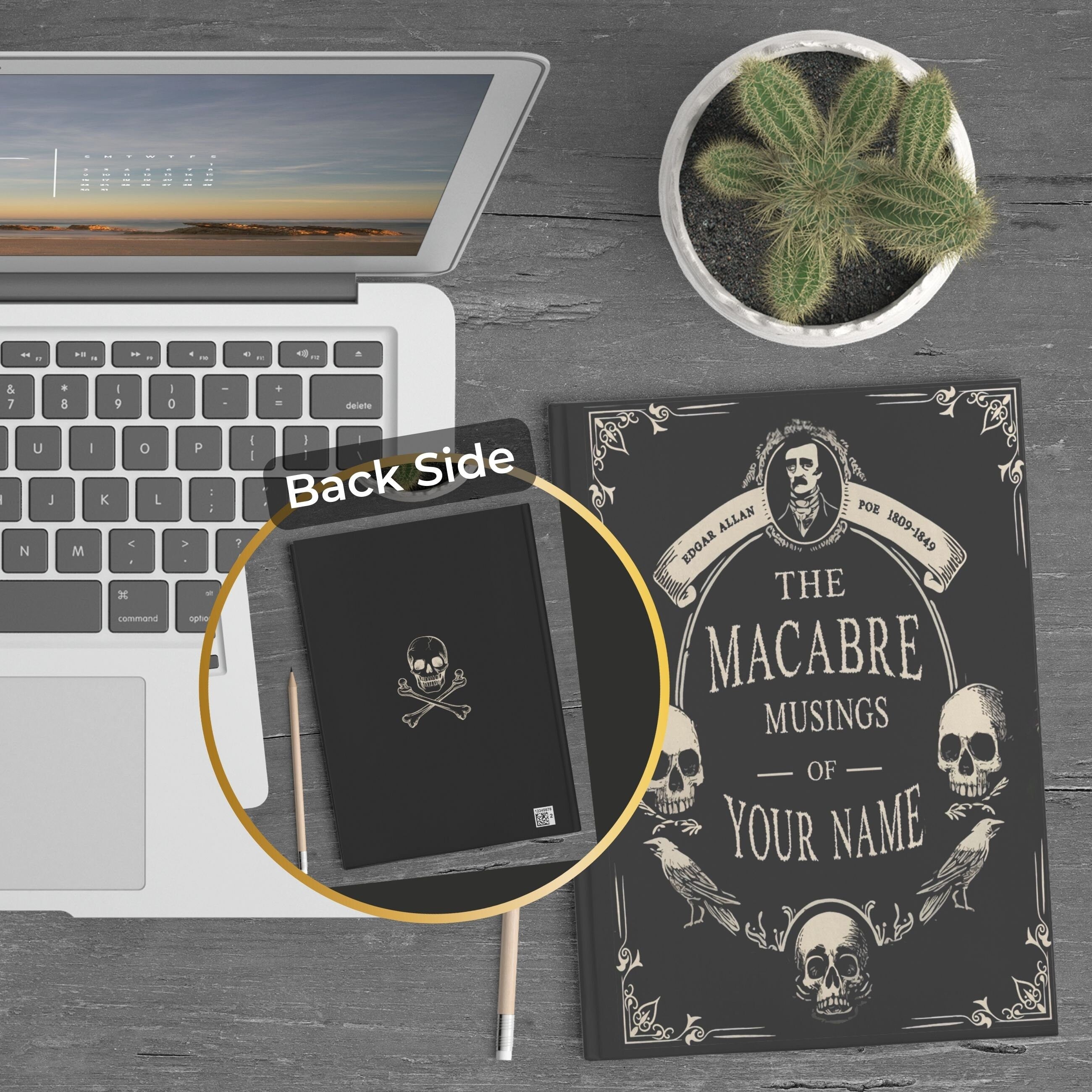Personalized Hardcover Notebook Size A5  5.75"x8" Edgar Allan Poe Macabre Gothic Vintage Style, Custom Name Poetry Journal Gift for Writer
