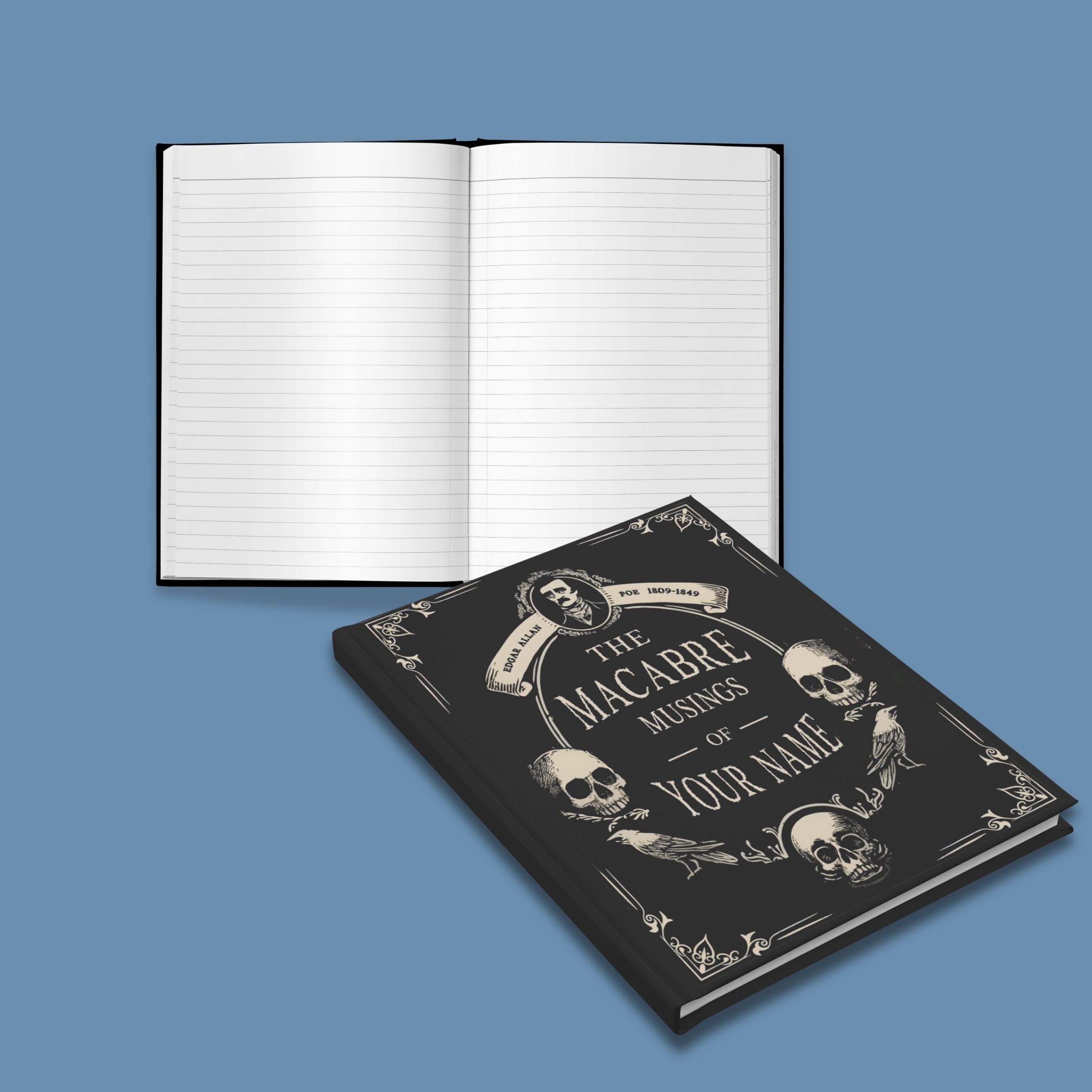 Personalized Hardcover Notebook Size A5  5.75"x8" Edgar Allan Poe Macabre Gothic Vintage Style, Custom Name Poetry Journal Gift for Writer