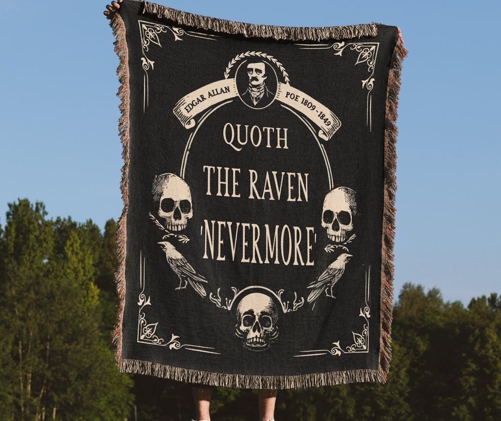 Edgar Allan Poe Raven Tapestry, Woven Blanket Gift for Bibliophile Book Lover, Gothic Dark Academia Wall Hanging, Crow Blanket Throw