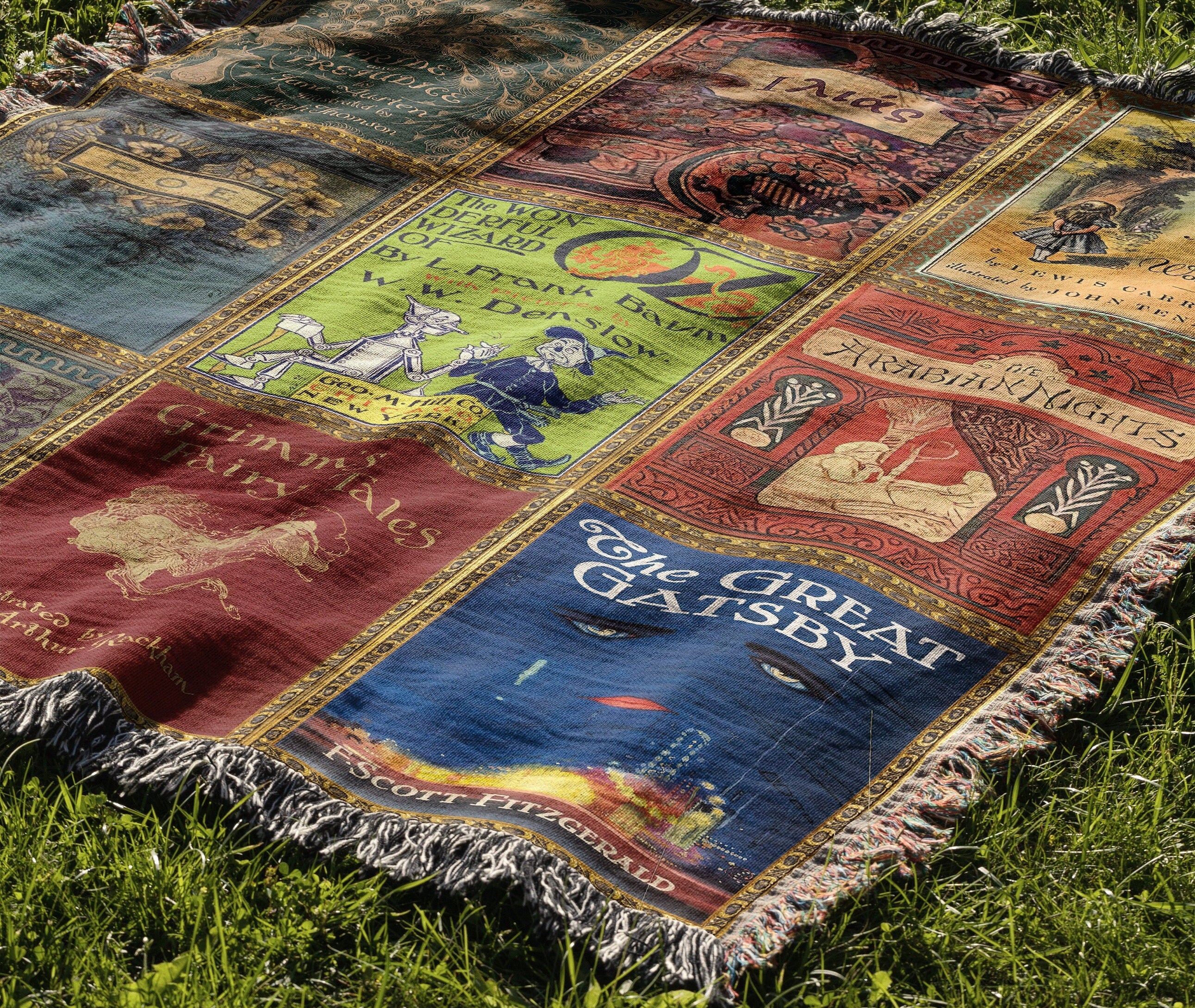 Vintage Book Covers Blanket, Woven Throw Blanket Featuring Pride & Prejudice Poe Great Gatsby Wizard of Oz Shakespeare Alice in Wonderland