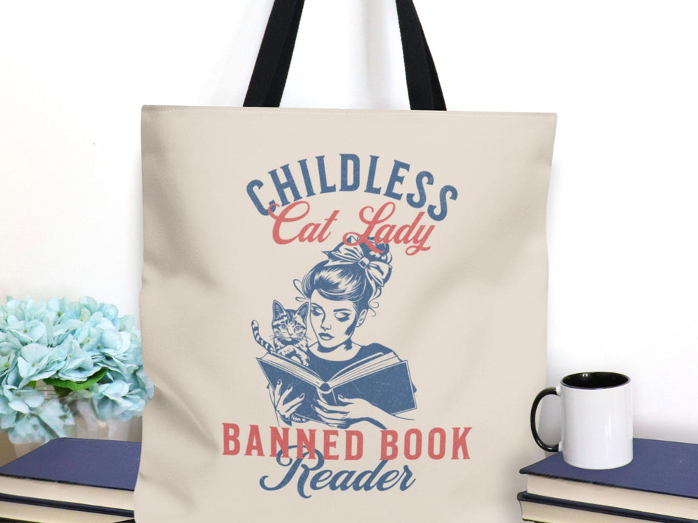 Childless cat lady banned book reader tote bag with a retro illustration of a woman reading with her cat