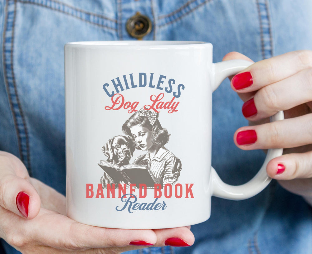 Childless dog lady banned book reader mug with retro reading woman and dog art