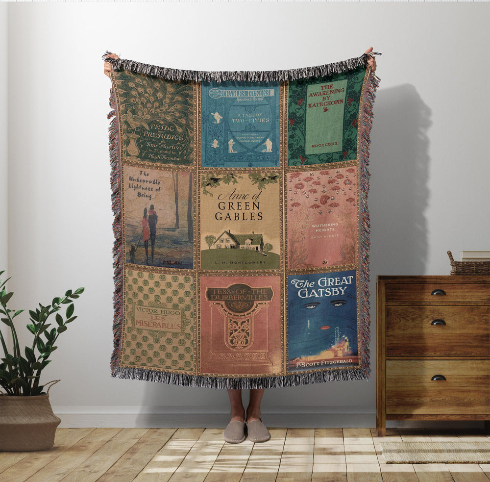 Vintage book covers woven throw blanket with nine classic novel covers including The Great Gatsby, Wuthering Heights, and Anne of Green Gables