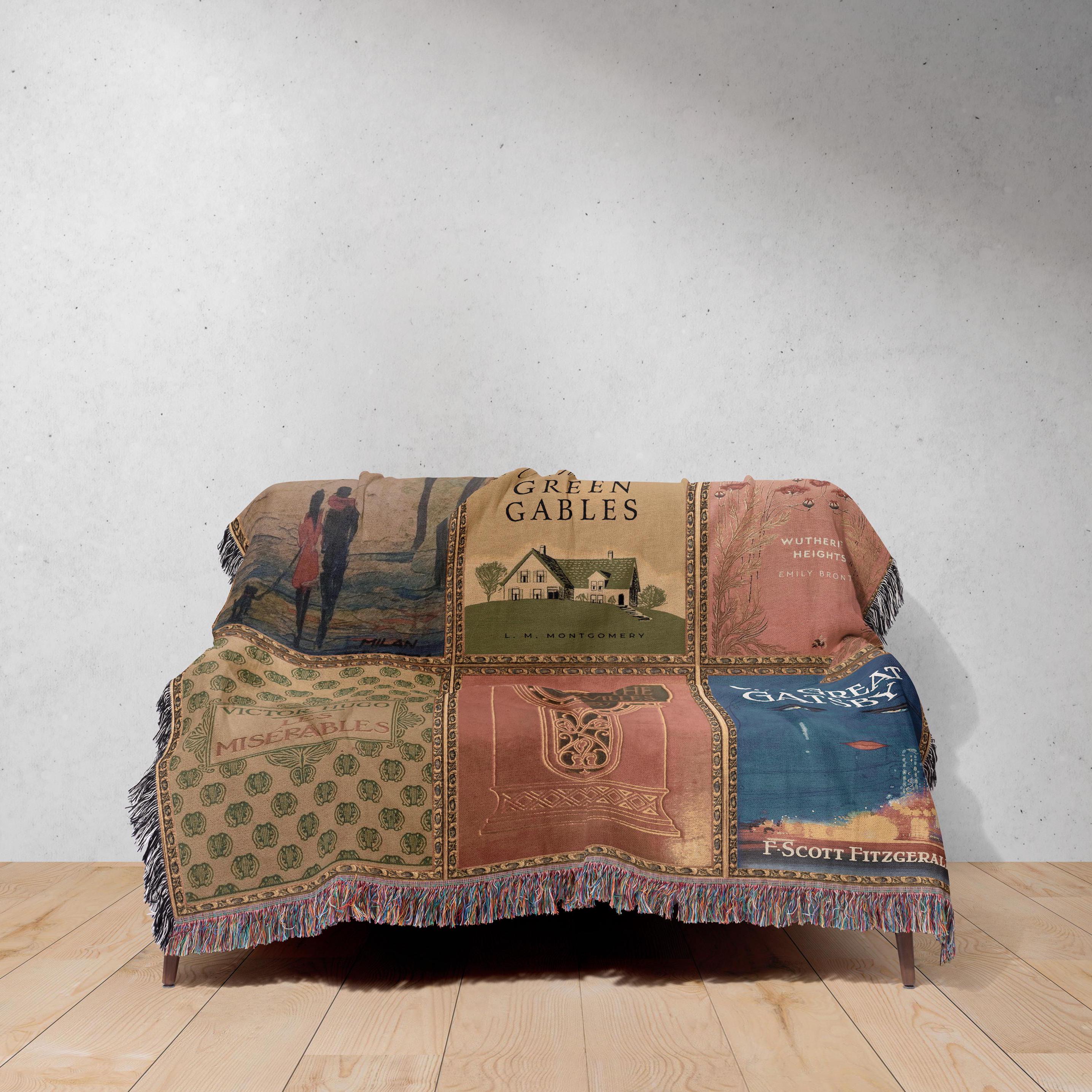 Vintage Book Covers Blanket, Woven Throw Blanket Featuring Pride & Prejudice Great Gatsby Anne of Green Gables Wuthering Heights