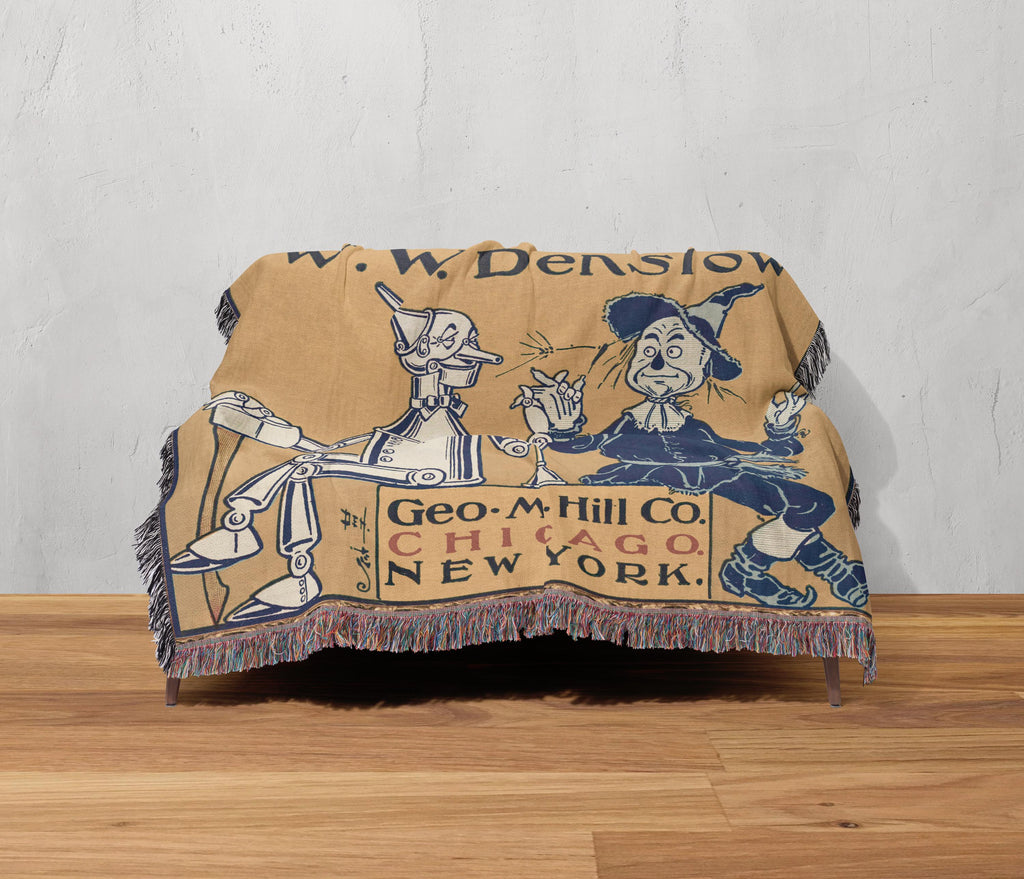 Wonderful Wizard of Oz Vintage Book Cover Woven Blanket, Classic Wizard of Oz Tapestry With Scarecrow & Tinman, Retro Oz Movie Fans Blanket