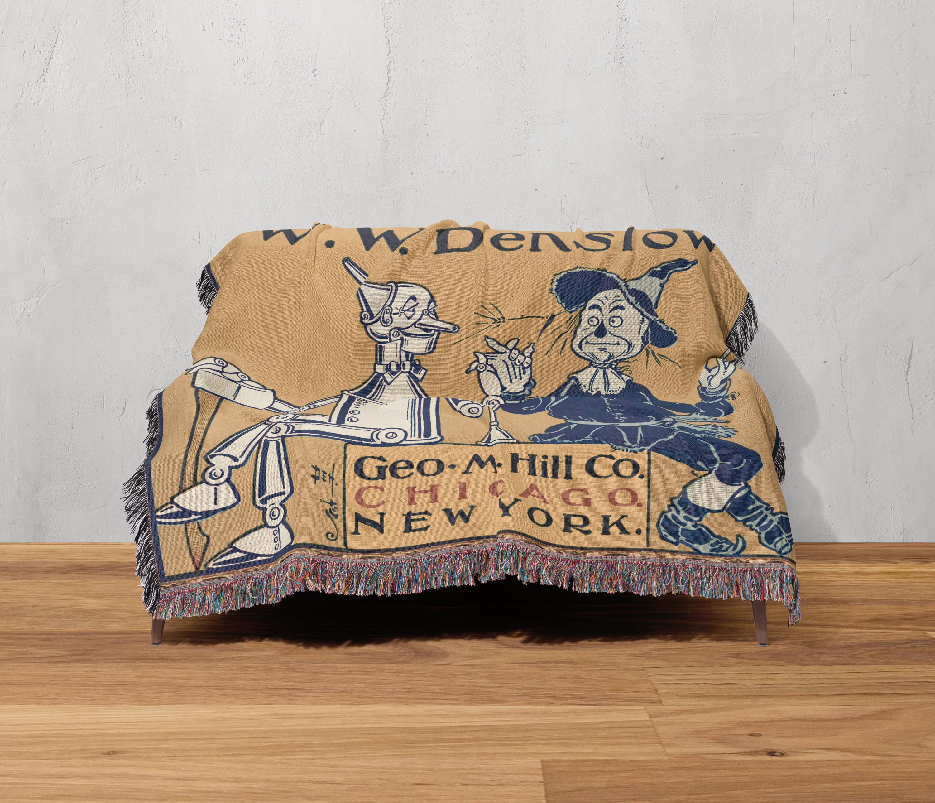 Wonderful Wizard of Oz Vintage Book Cover Woven Blanket, Classic Wizard of Oz Tapestry With Scarecrow & Tinman, Retro Oz Movie Fans Blanket