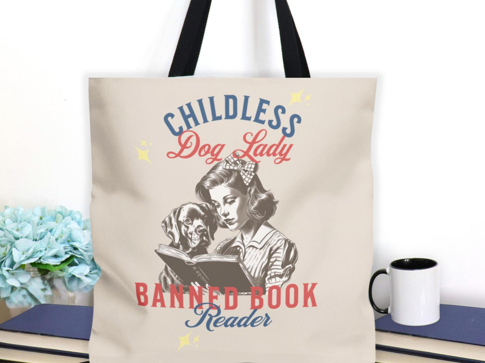 Childless dog lady banned book reader tote bag with a retro illustration of a woman reading with her dog