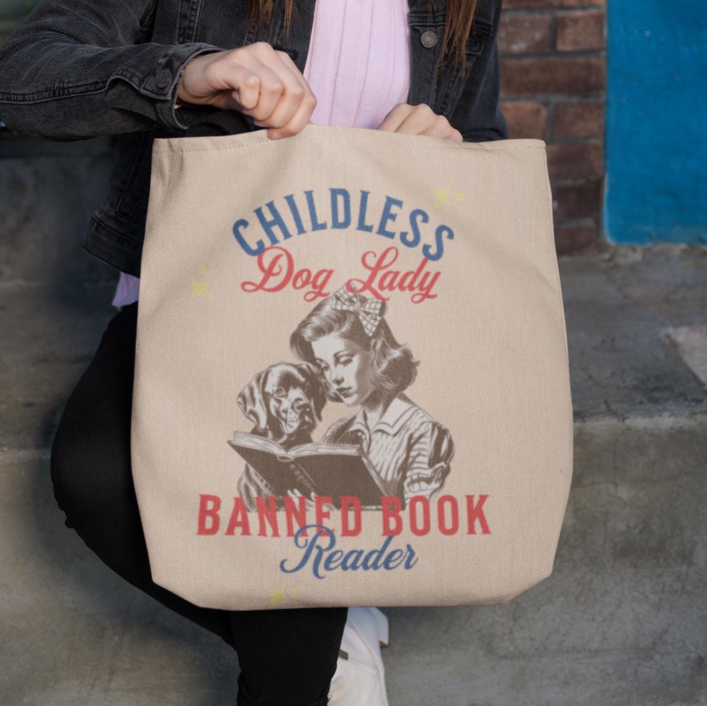 Childless Dog Lady & Read Banned Books Tote for Election 2024, Feminist Womens Rights Bag, Vote for First Madam President Tote Bag,