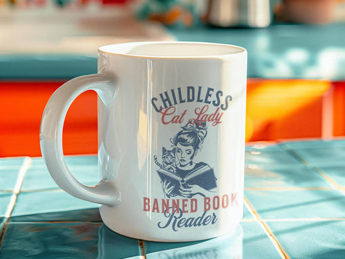 Childless Cat Lady Banned Book Reader 11 oz 15 oz Mug Election 2024, Stop Project 2025, Feminist Womens Rights Read Banned Books Coffee Cup