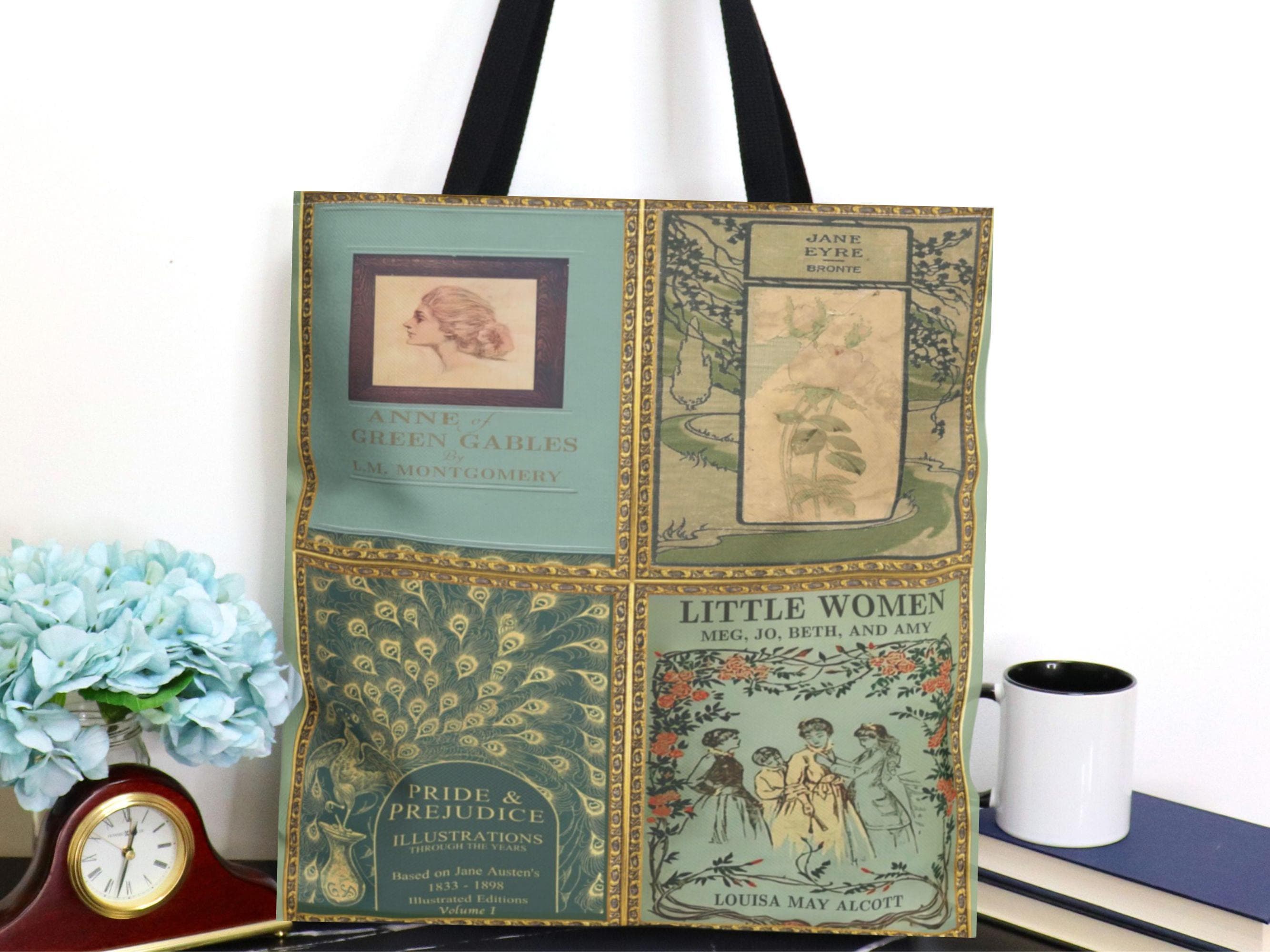 Cottagecore Pride and Prejudice Jane Austen Tote Bag With Vintage Book Covers, Anne of Green Gables, Little Women, Jane Eyre, Reader Gift