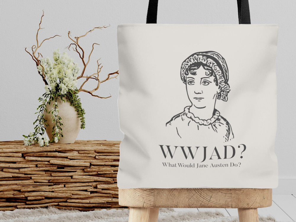 What Would Jane Austen Do tote bag with an engraved portrait of Jane Austen and WWJAD lettering